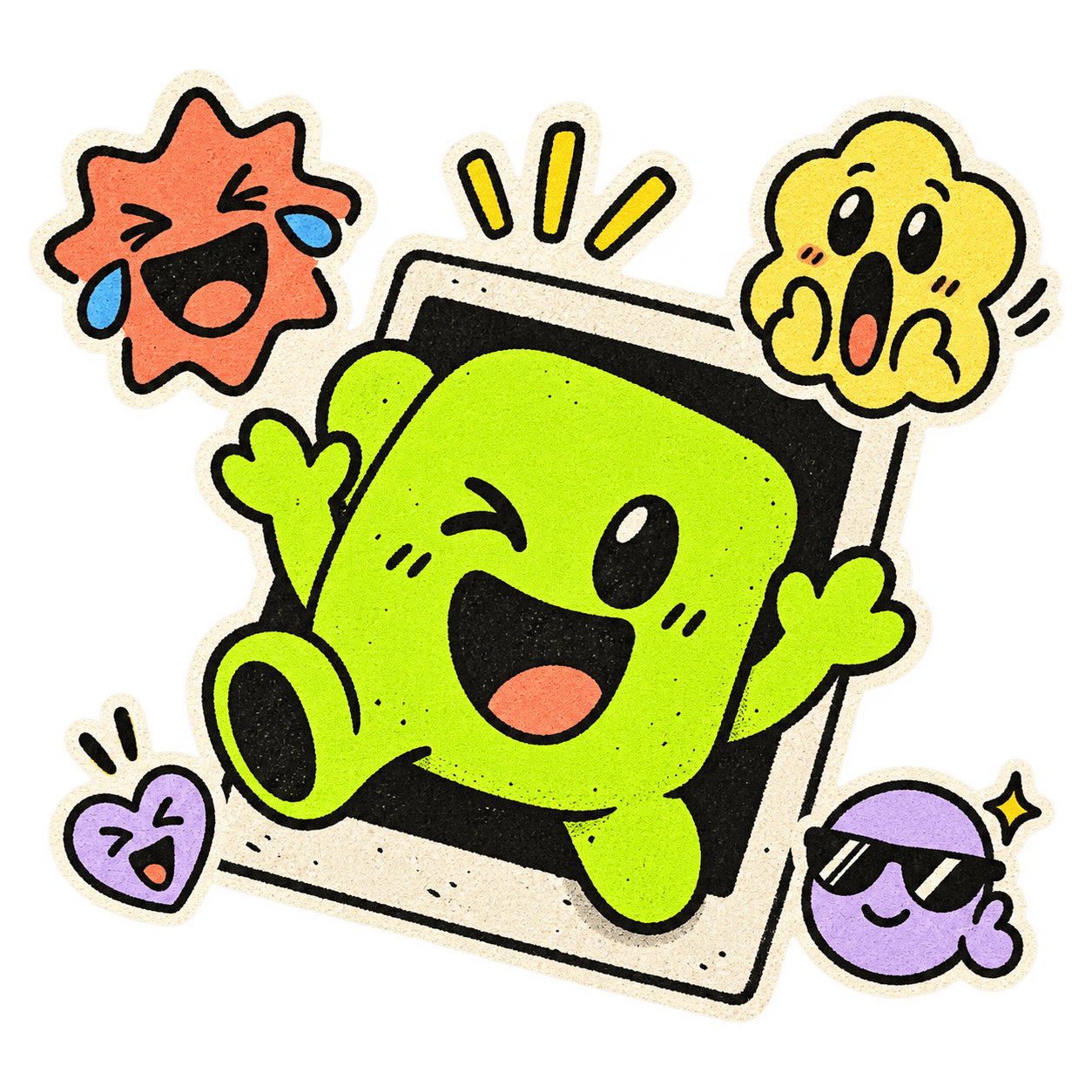 A goofy lime mascot bursts out of a picture frame with a laughing face, a shocked face, and a heart wearing sunglasses.